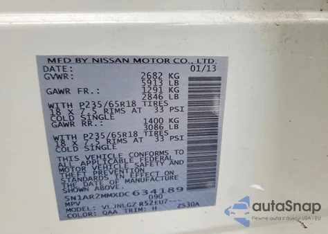 2013 Nissan Pathfinder S z USA, uszkodzony, nr VIN 5N1AR2MMXDC634189